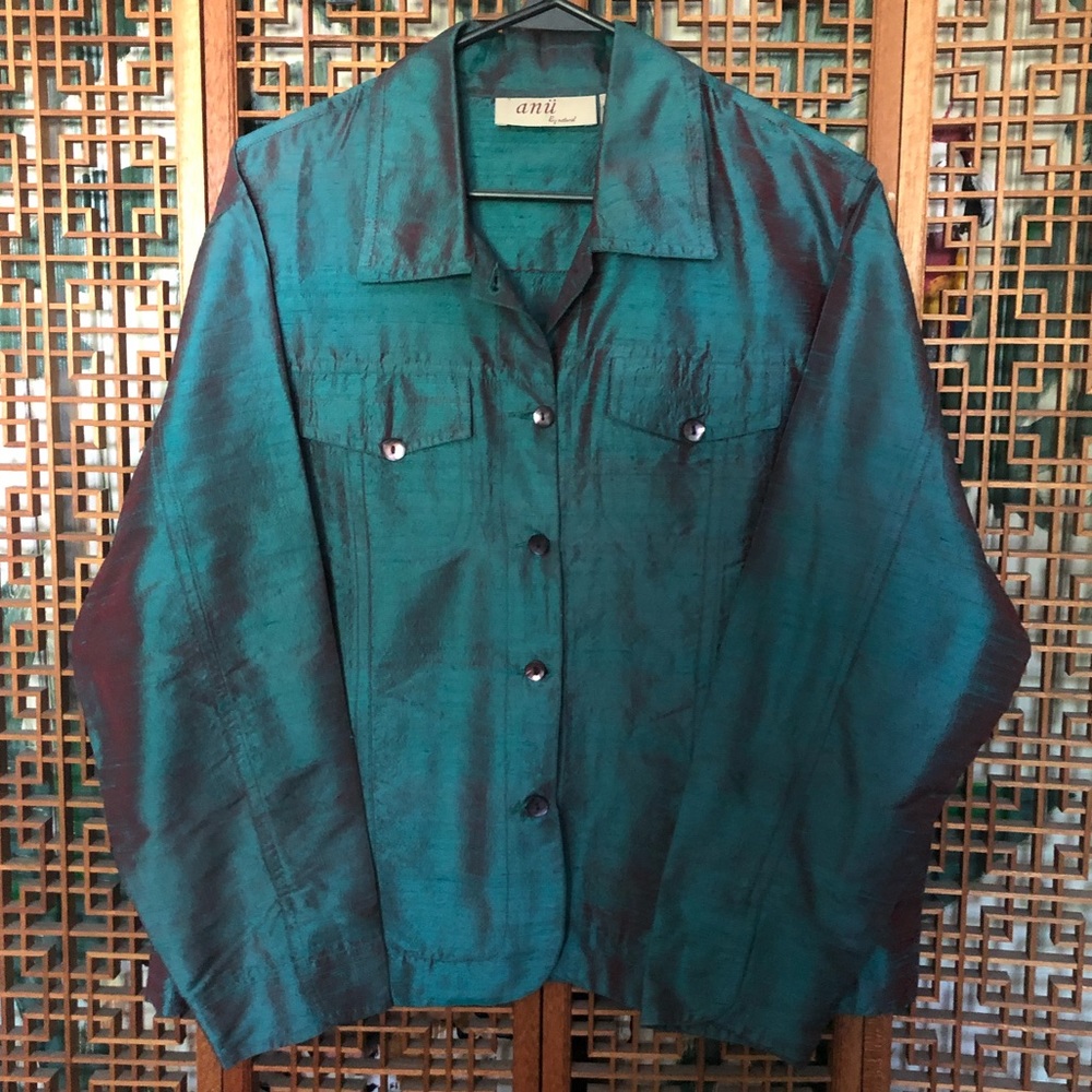 ANU Green with Red Undertone Silk Jacket Size XL